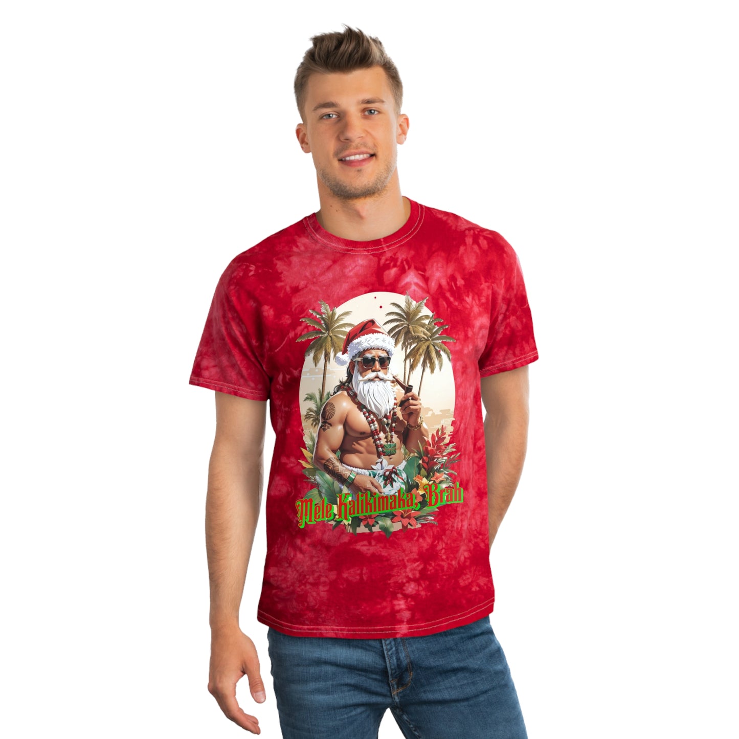 Men's Tie-Dye Tee, Crystal Red, Mele Kalikimaka 01, Christmas in Hawaii