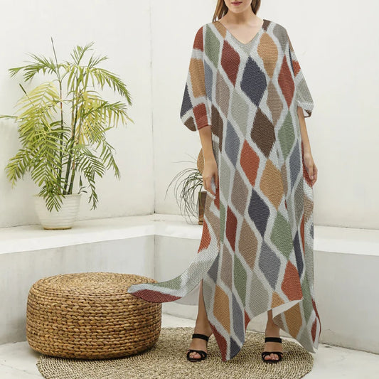 Women's Imitation Silk V-neck Kaftan Robe, Muted Multi-Colored Diamond Pattern