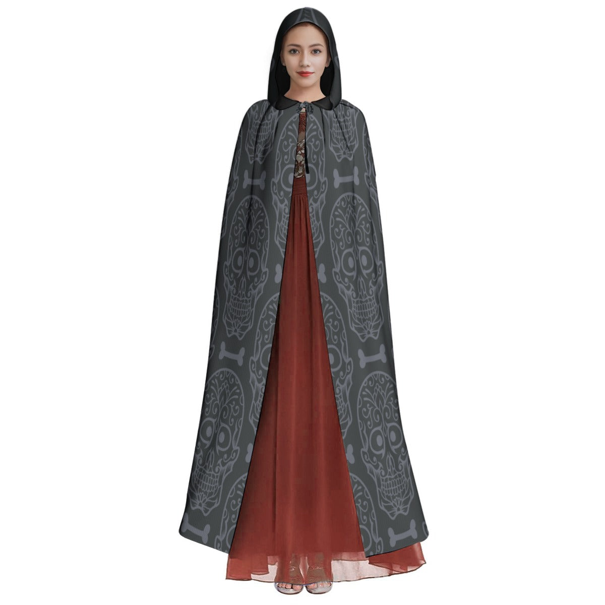 Unisex Hooded Cloak | Microfiber - SpookyVibe - Day Of The Dead Grey Monochrome