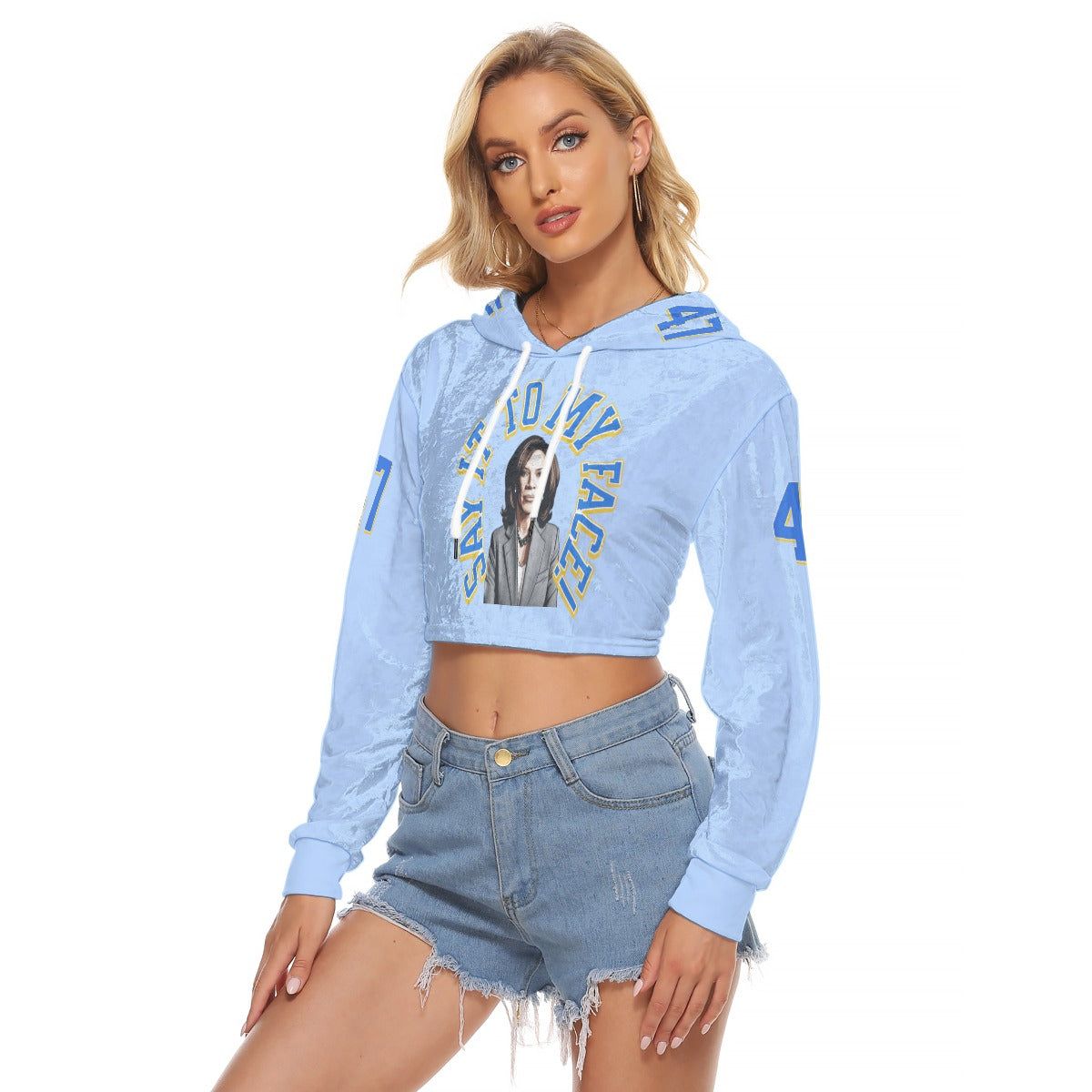 Women's Crop Top Hoodie|Velvet, Say It To My Face, Pale Blue