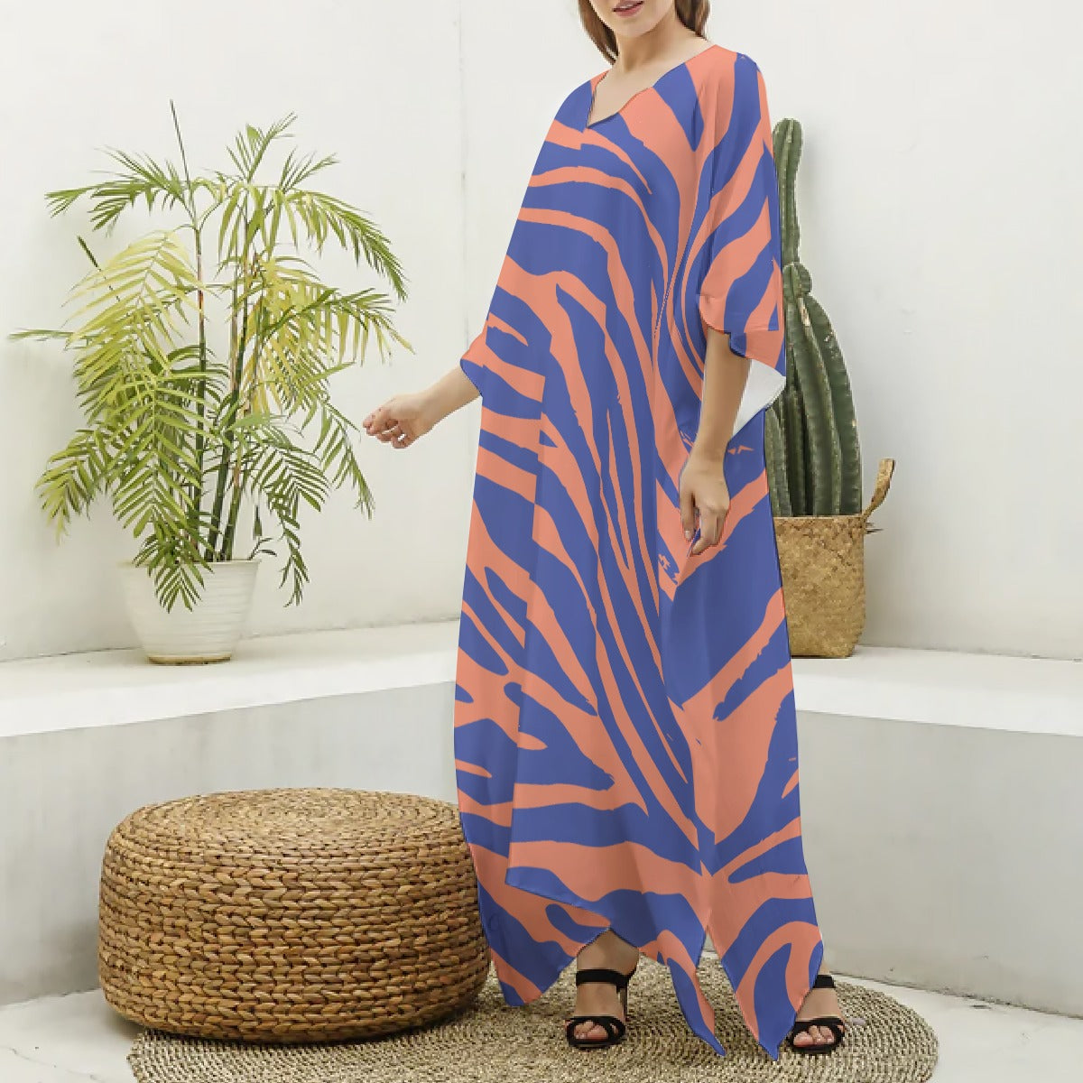 Women's Imitation Silk V-neck Kaftan Robe, Orange and Blue Stripes