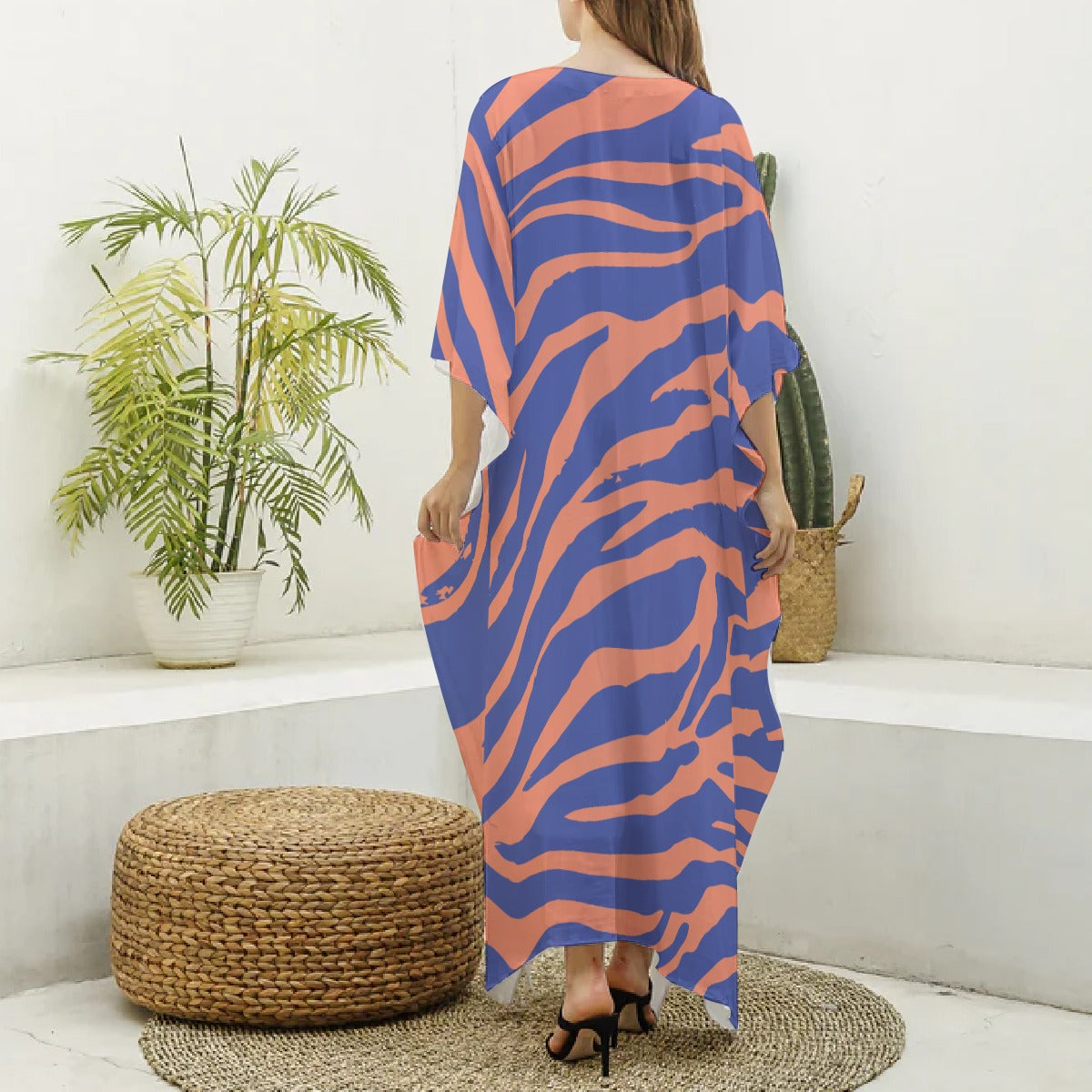 Women's Imitation Silk V-neck Kaftan Robe, Orange and Blue Stripes