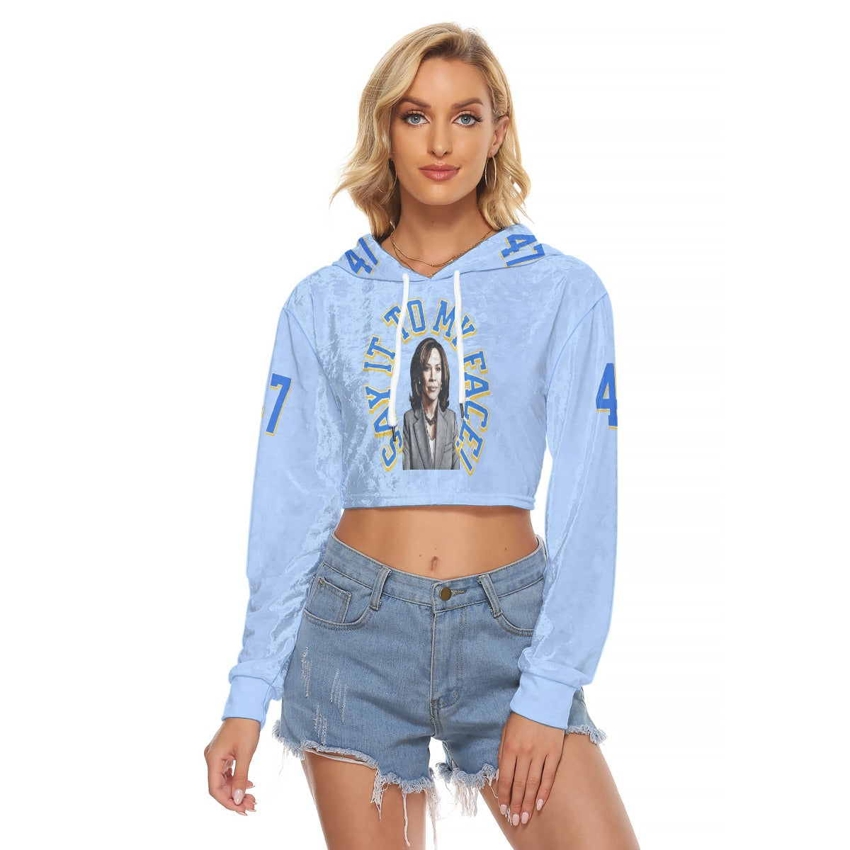 Women's Crop Top Hoodie|Velvet, Say It To My Face, Pale Blue