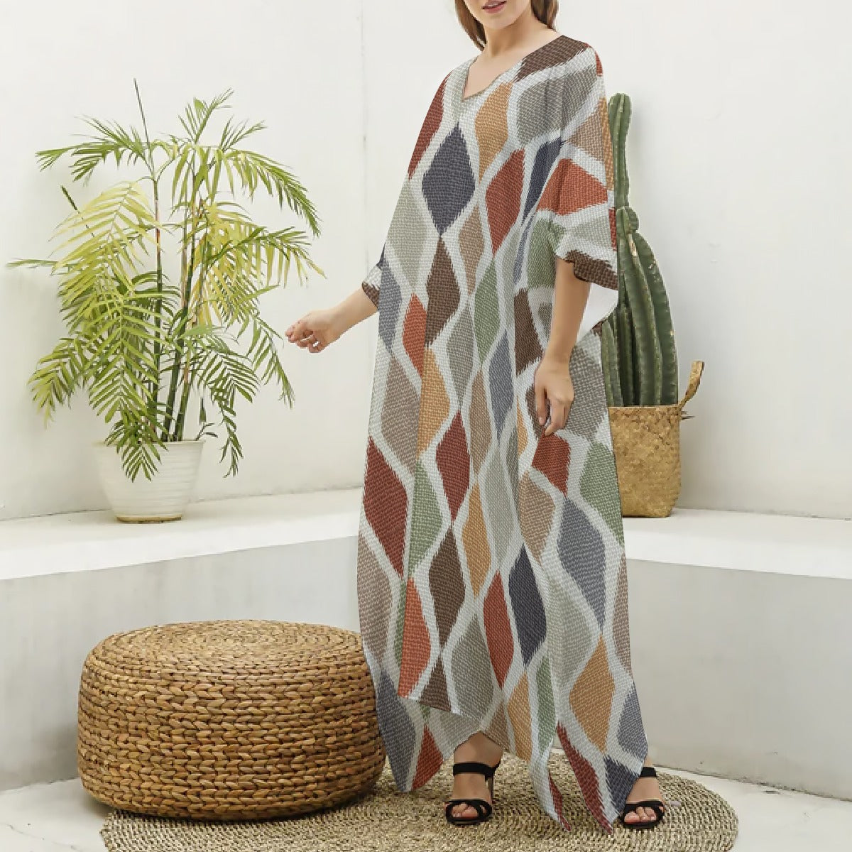 Women's Imitation Silk V-neck Kaftan Robe, Muted Multi-Colored Diamond Pattern