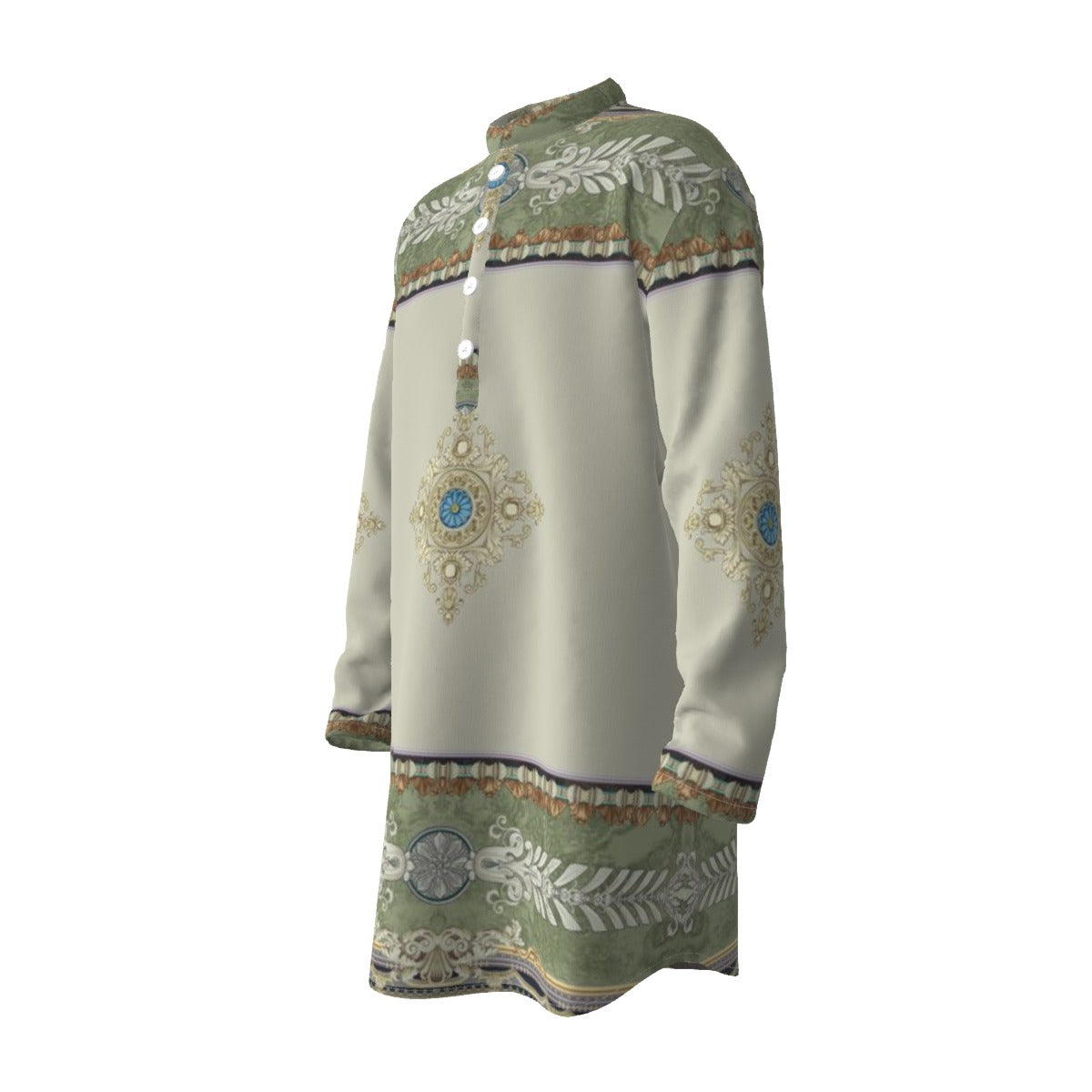 Men's Stand-up Collar Long Shirt, The Emperor's New Kurta - Green Border