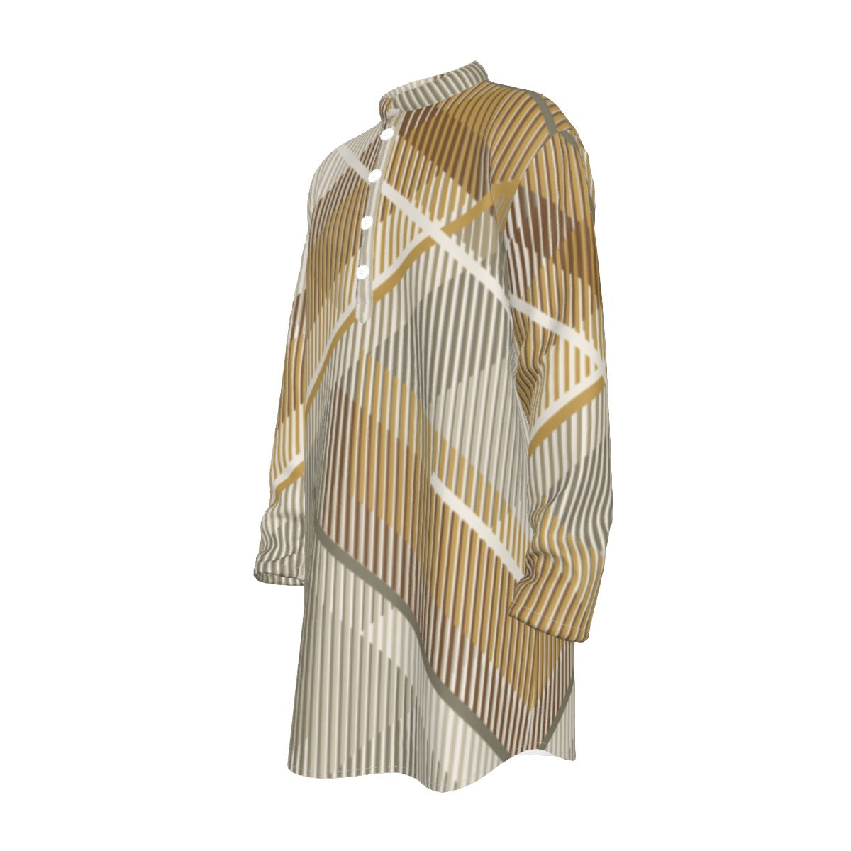 Men's Stand-up Collar Long Shirt, The Emperor's New Kurta - Striped Diagonal - Tan Grey