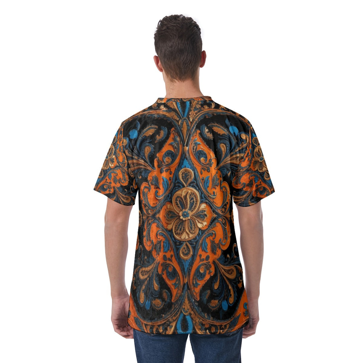 Men's Velvet T-Shirt, Orange - Blue Baroque 01