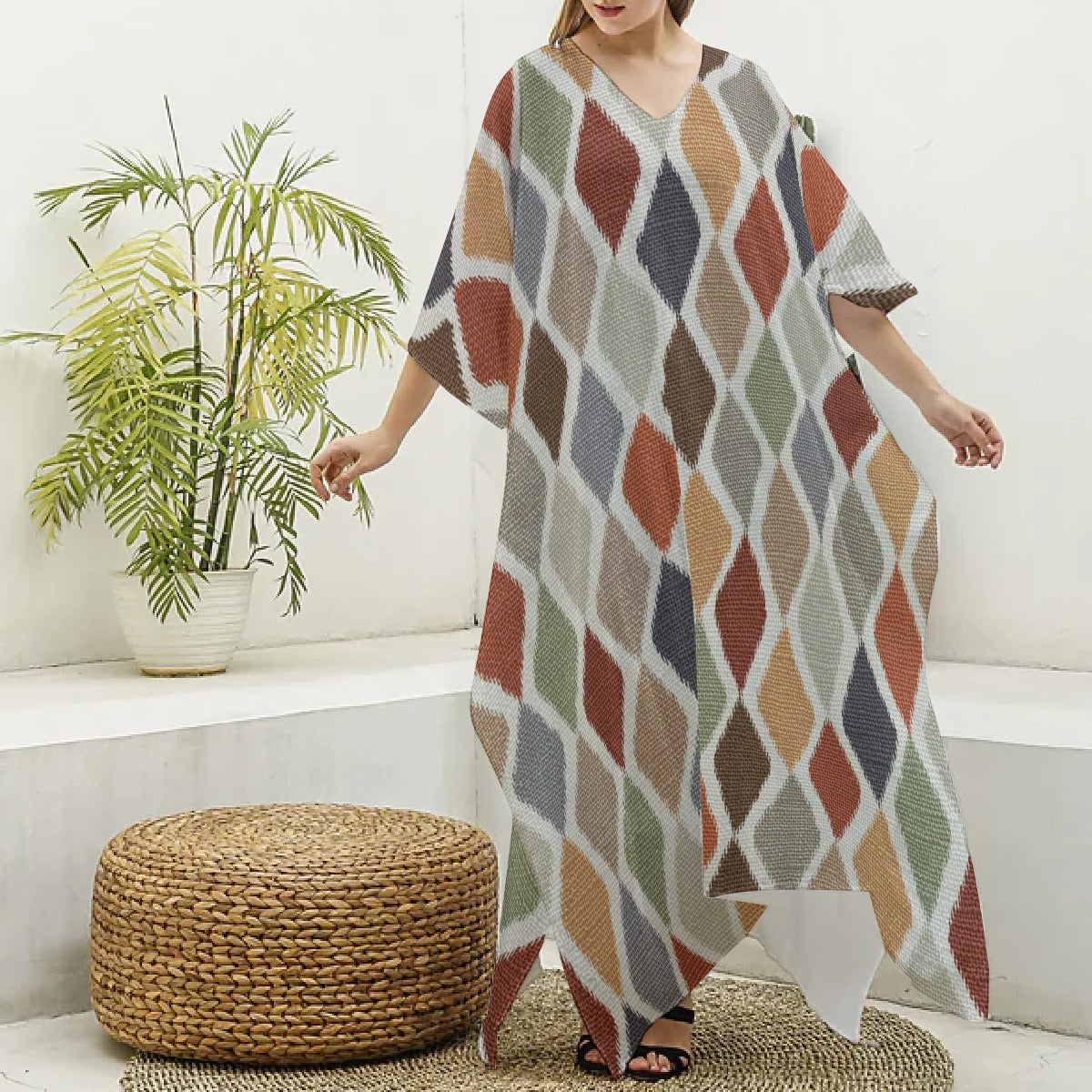 Women's Imitation Silk V-neck Kaftan Robe, Muted Multi-Colored Diamond Pattern