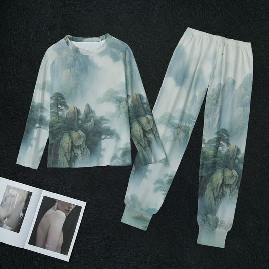 Women's Sleep Pajamas, Misty Watercolor Japanese Cliffs - Misty Blue