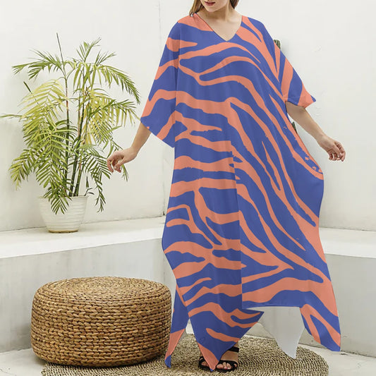 Women's Imitation Silk V-neck Kaftan Robe, Orange and Blue Stripes