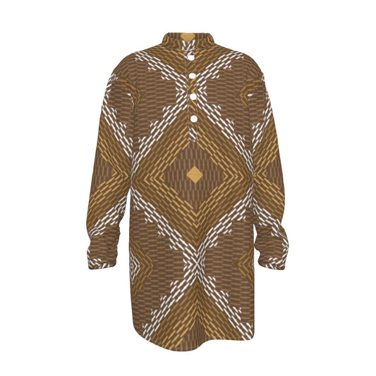 Men's Stand-up Collar Long Kurta Shirt, The Emperor's New Kurta - Brn/Gld/Wht Diamond