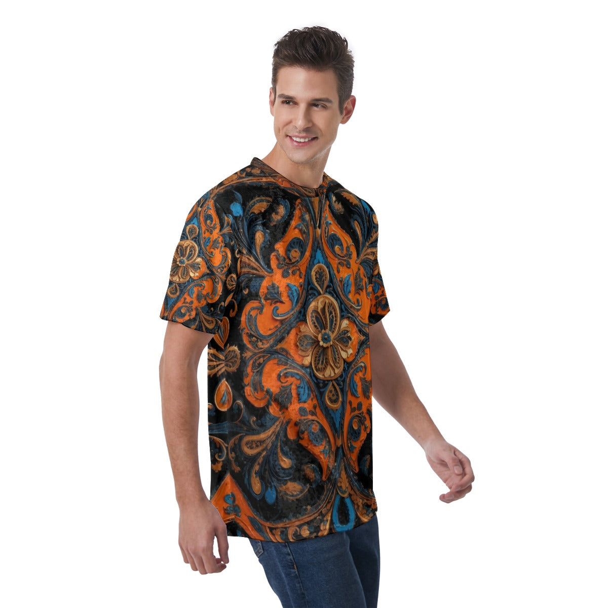 Men's Velvet T-Shirt, Orange - Blue Baroque 01