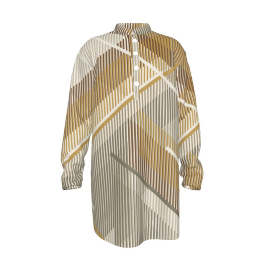 Men's Stand-up Collar Long Shirt, The Emperor's New Kurta - Striped Diagonal - Tan Grey