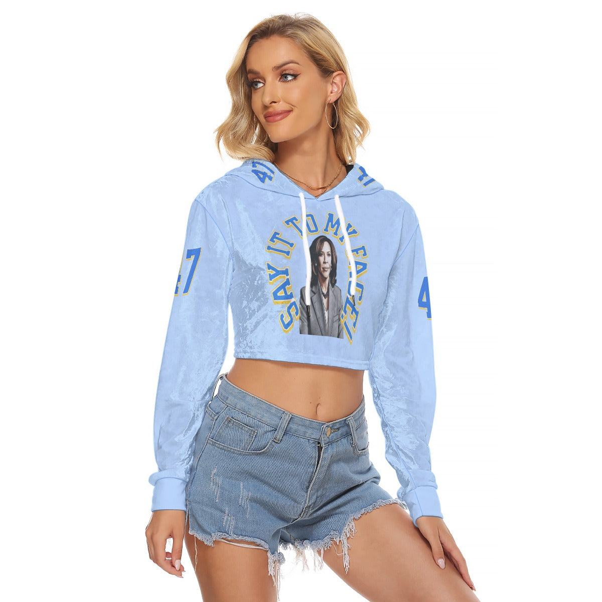 Women's Crop Top Hoodie|Velvet, Say It To My Face, Pale Blue