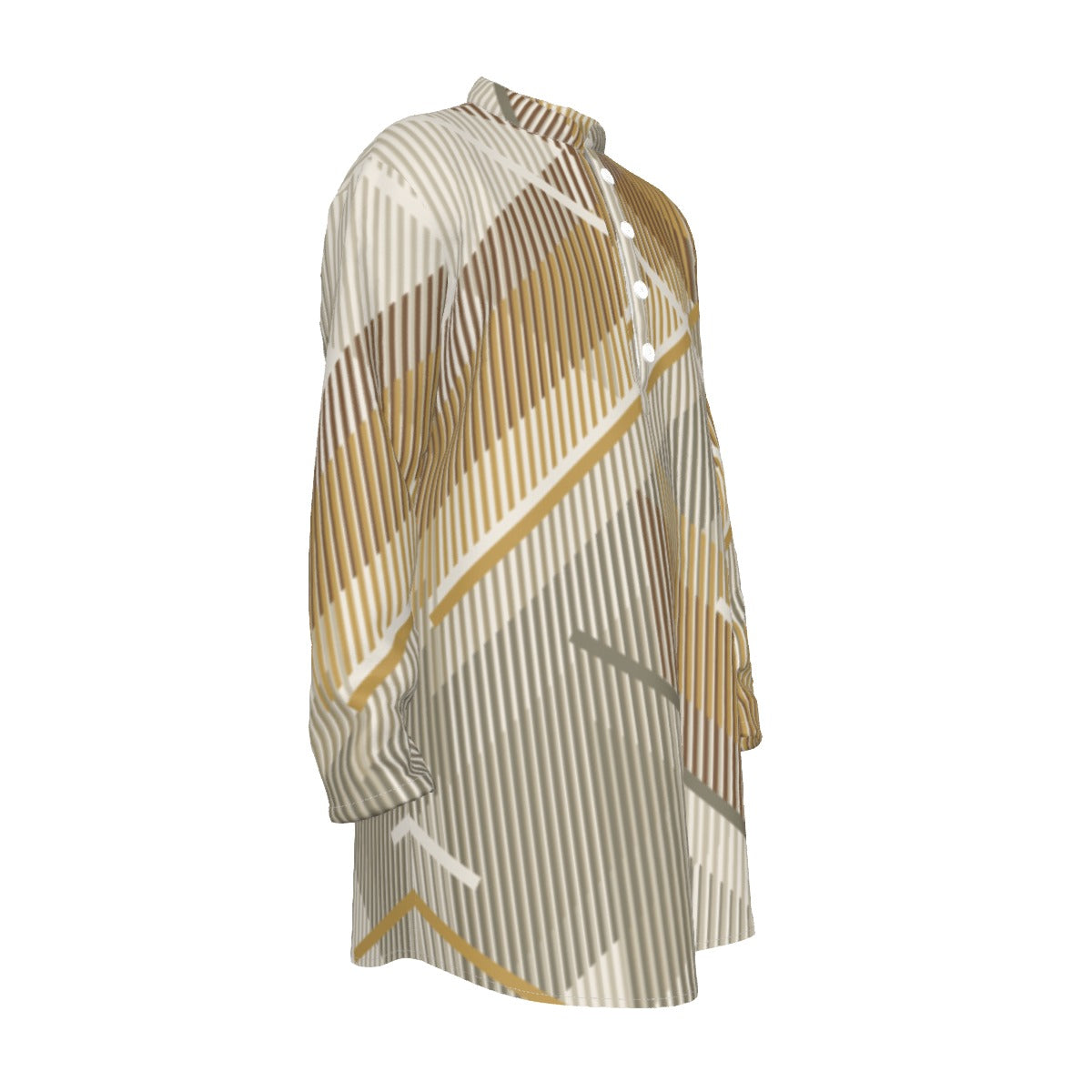 Men's Stand-up Collar Long Shirt, The Emperor's New Kurta - Striped Diagonal - Tan Grey