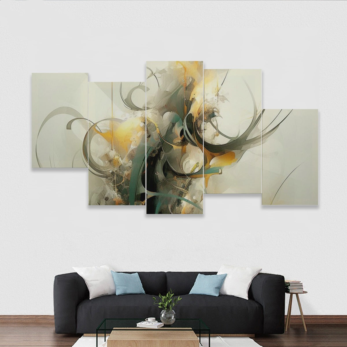 Five-piece Framed Murals, A.I. Abstract Accent, Moss Tinted - Gold