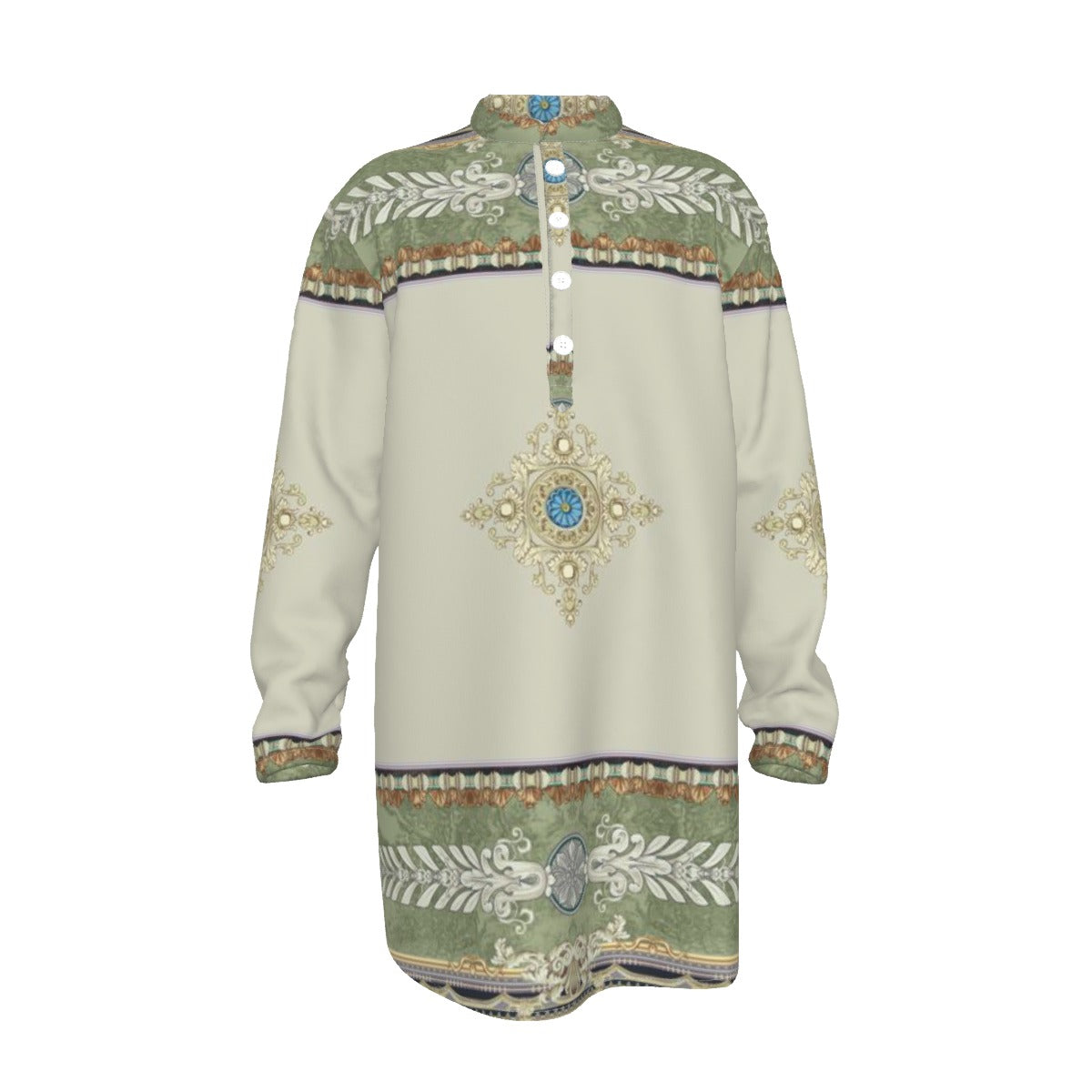 Men's Stand-up Collar Long Shirt, The Emperor's New Kurta - Green Border