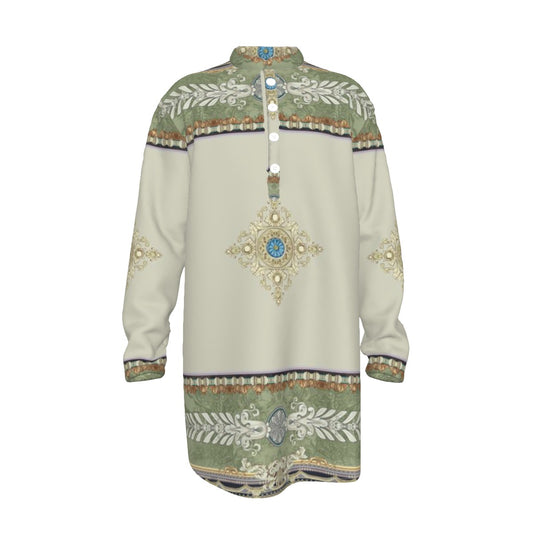 Men's Stand-up Collar Long Shirt, The Emperor's New Kurta - Green Border