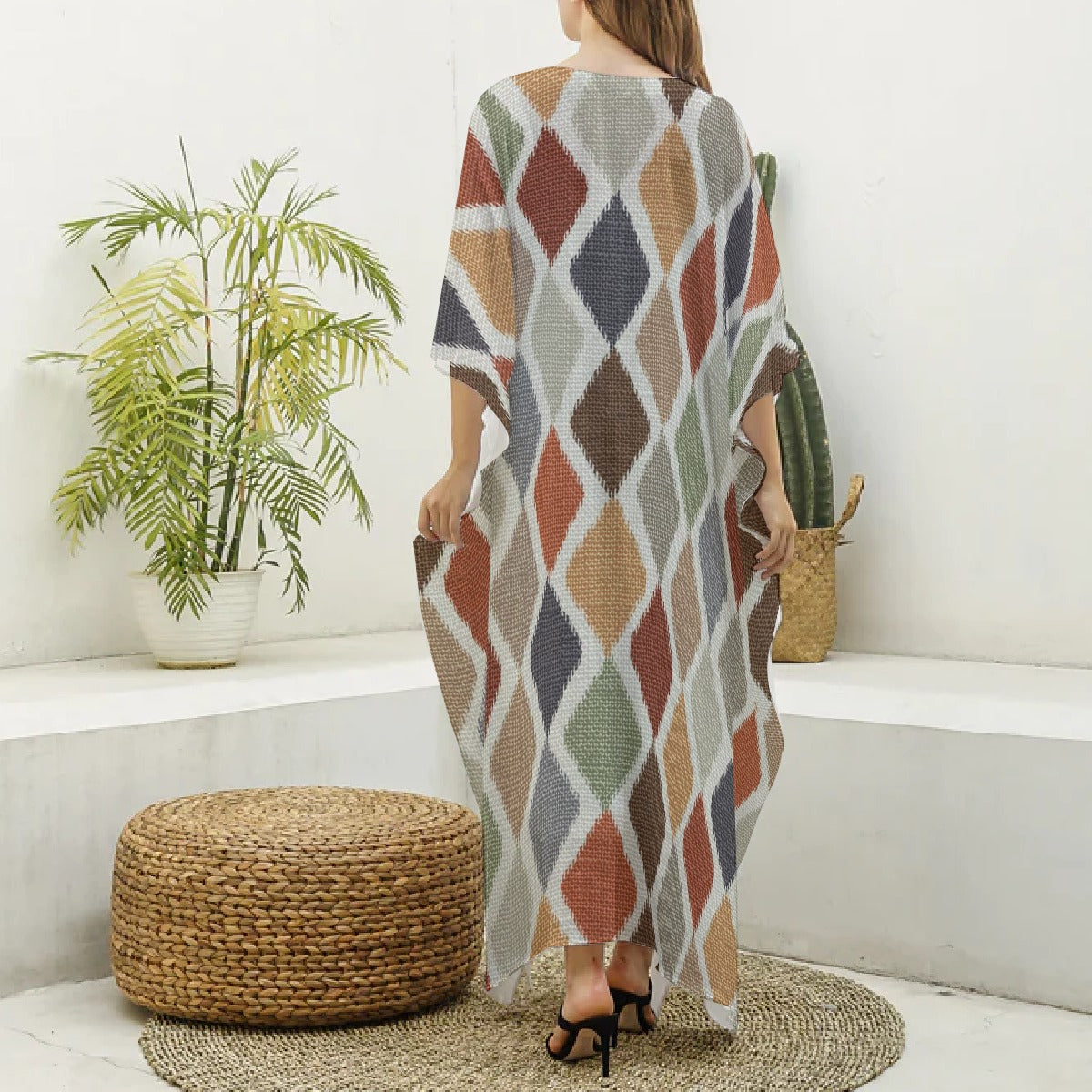 Women's Imitation Silk V-neck Kaftan Robe, Muted Multi-Colored Diamond Pattern