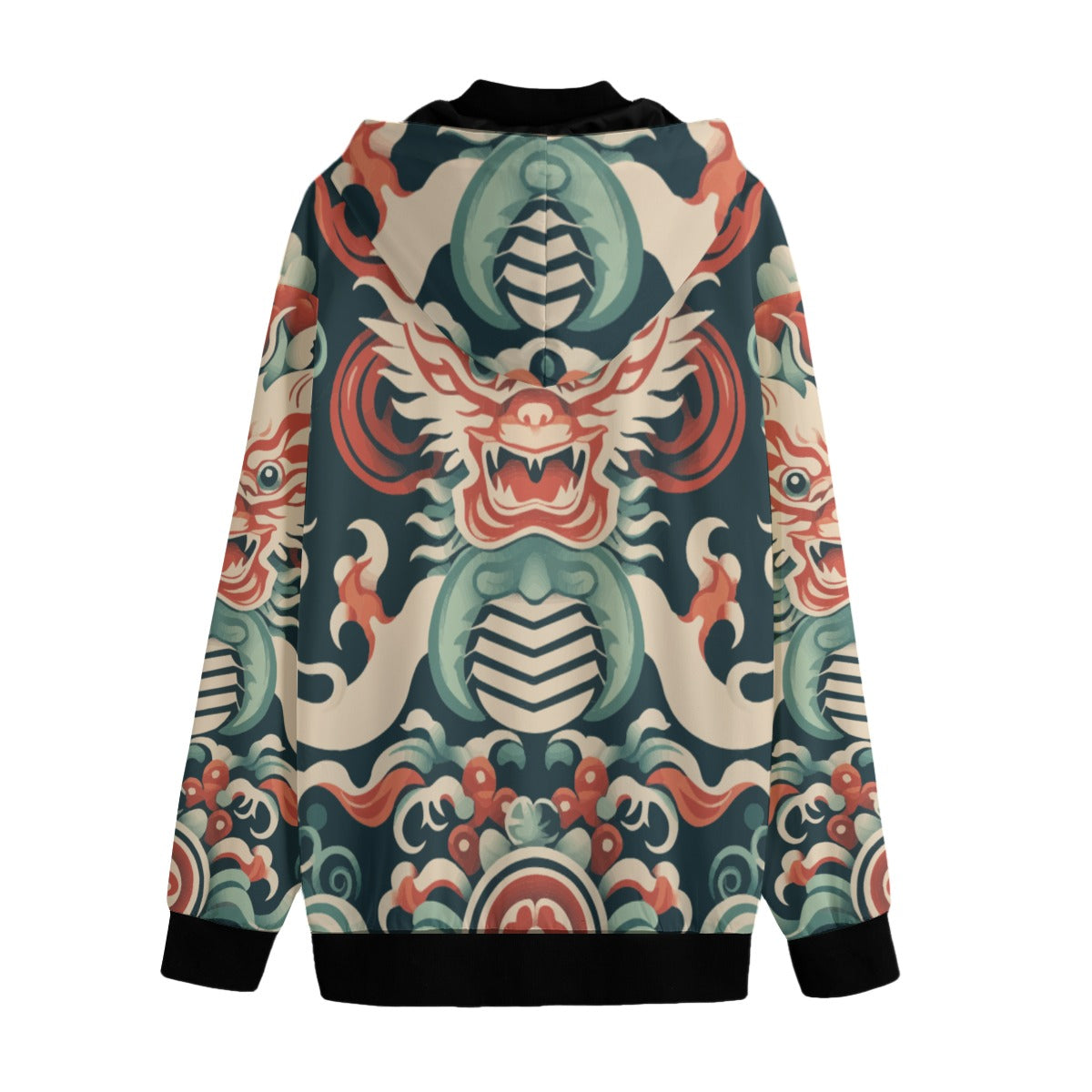 Unisex Hooded Varsity Jacket, Green Ornate Asian-Influenced Dragon