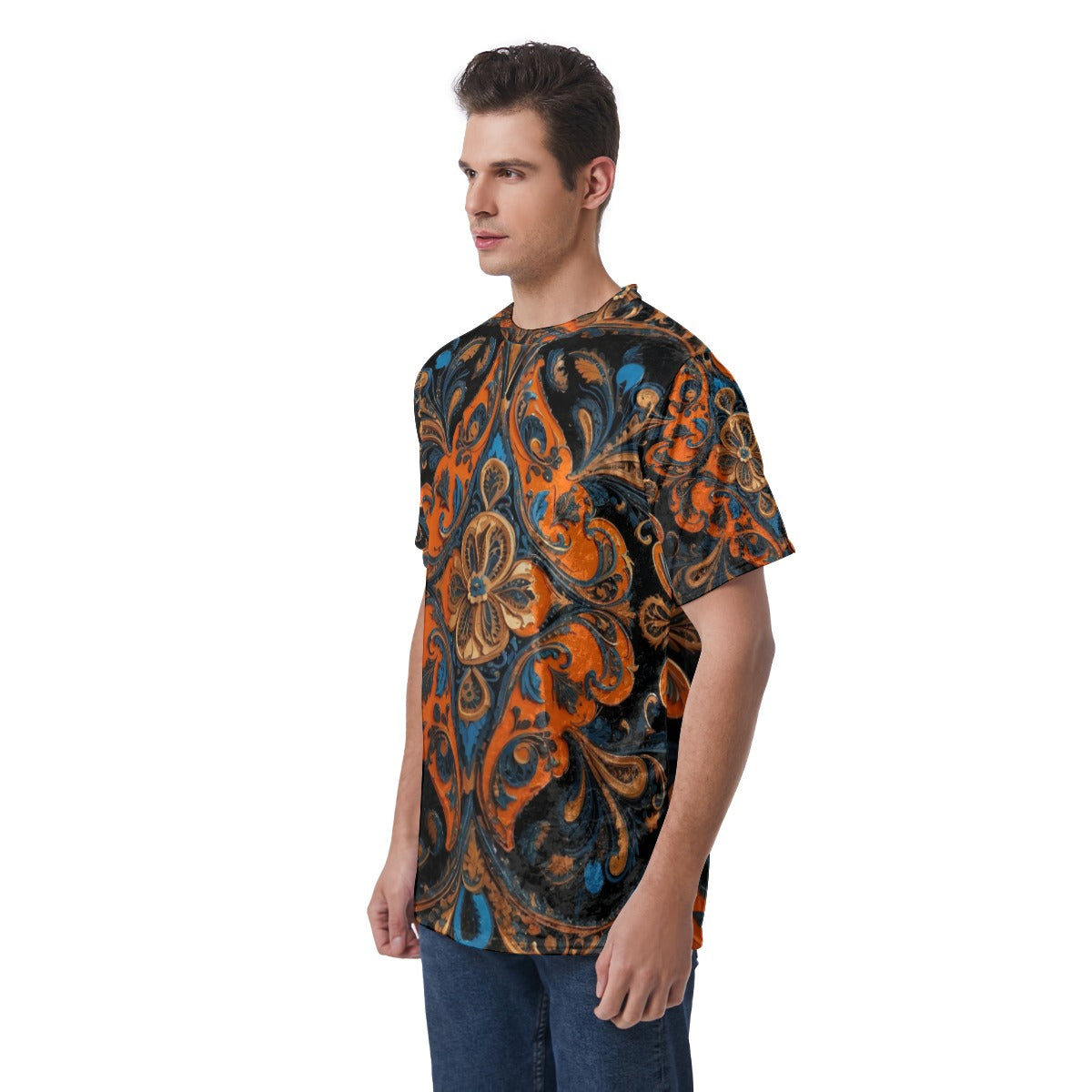 Men's Velvet T-Shirt, Orange - Blue Baroque 01