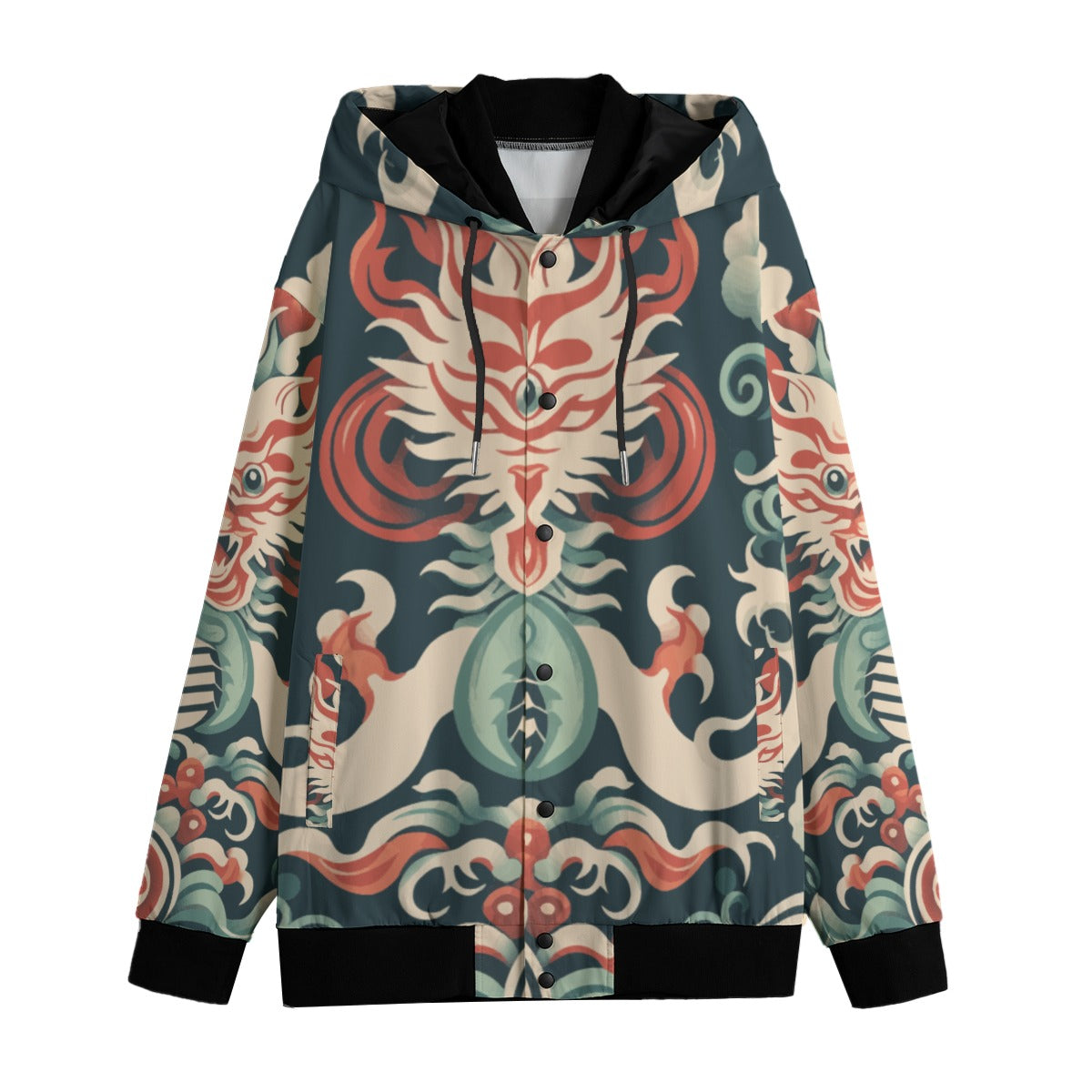 Unisex Hooded Varsity Jacket, Green Ornate Asian-Influenced Dragon