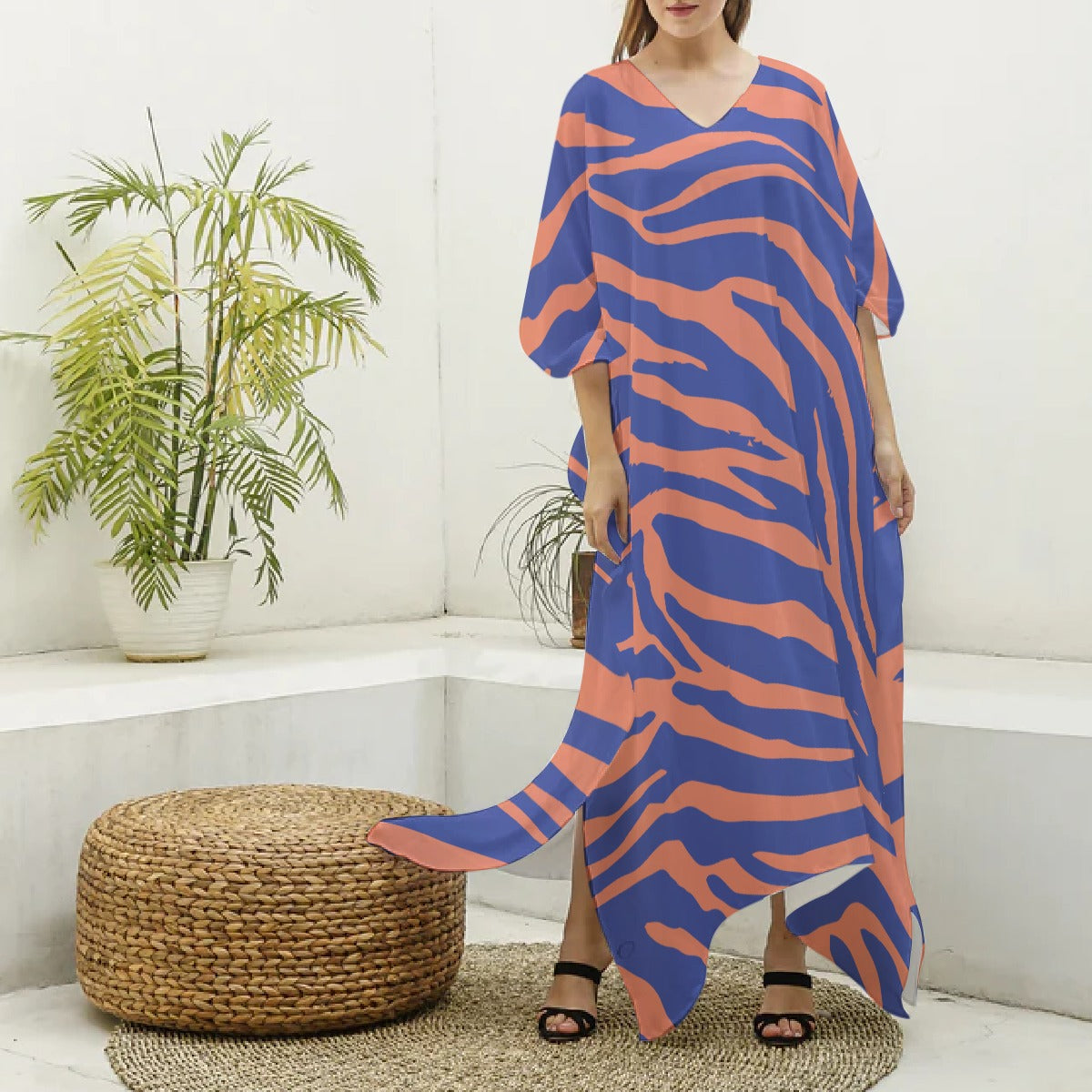 Women's Imitation Silk V-neck Kaftan Robe, Orange and Blue Stripes