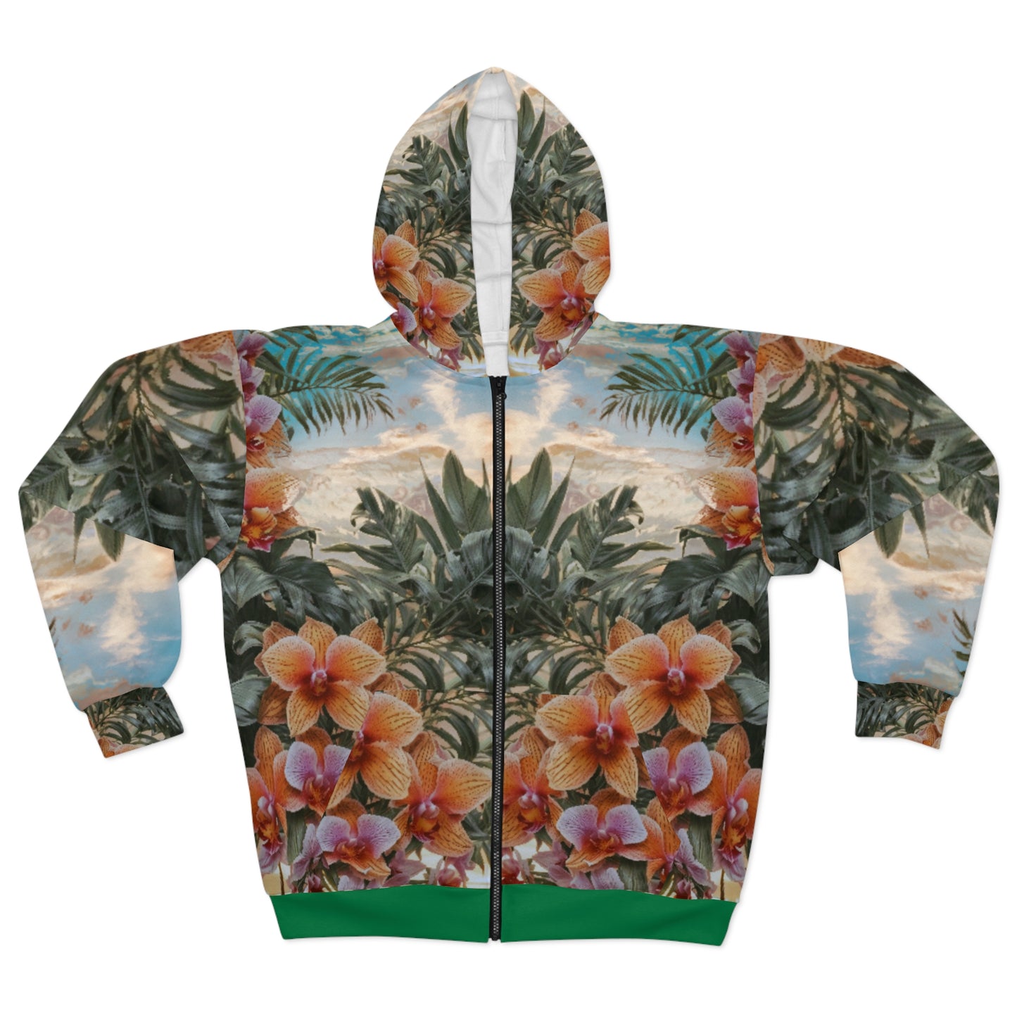 Unisex Zip-up Hoodie, Hawaiian Print, Floral 01