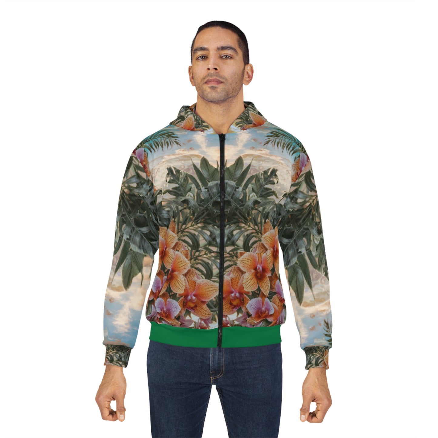 Unisex Zip-up Hoodie, Hawaiian Print, Floral 01