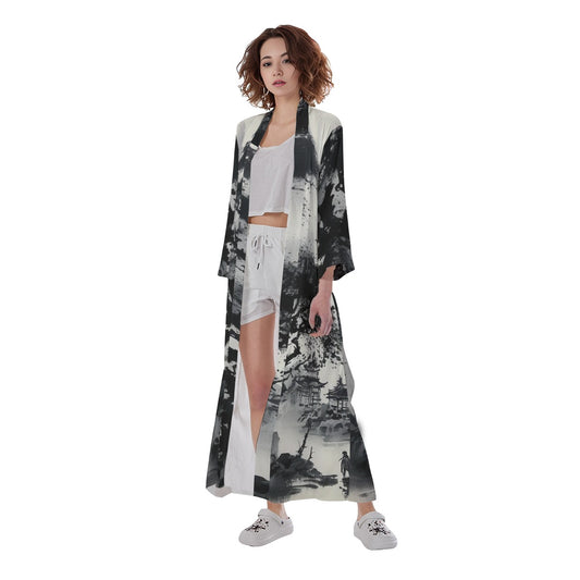 Women's Long Satin Kimono Robe, B-W Japanese Art-Inspired Watercolor, Trees Pagoda