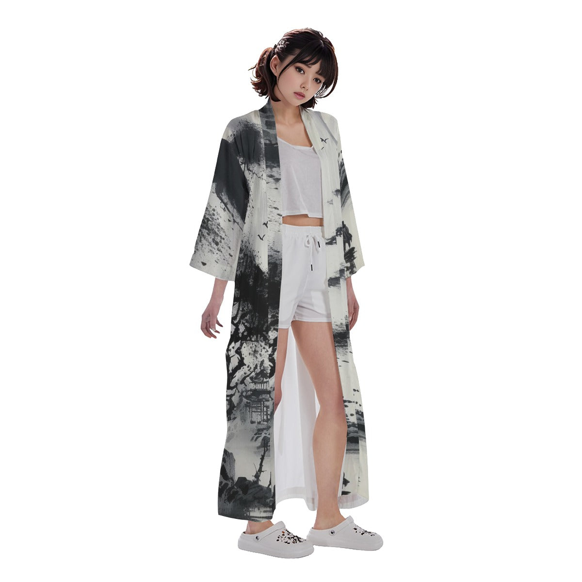 Women's Long Satin Kimono Robe, B-W Trees Pagoda 02