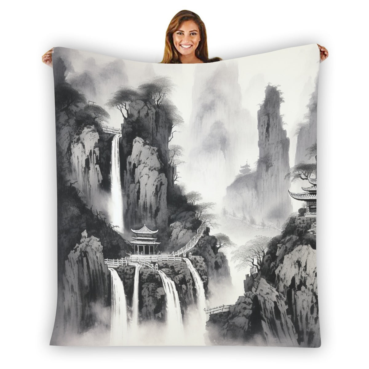 Flannel Blanket, Single-Side Print, Five Waterfalls B/W Muted Watercolor 01