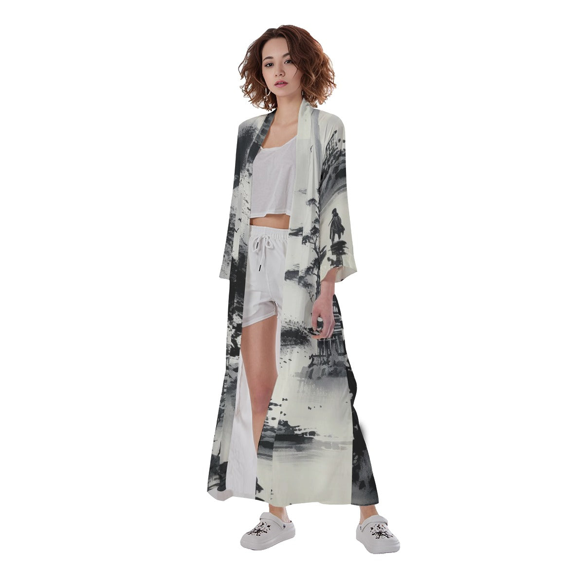 Women's Long Satin Kimono Robe, B-W Trees Pagoda 02