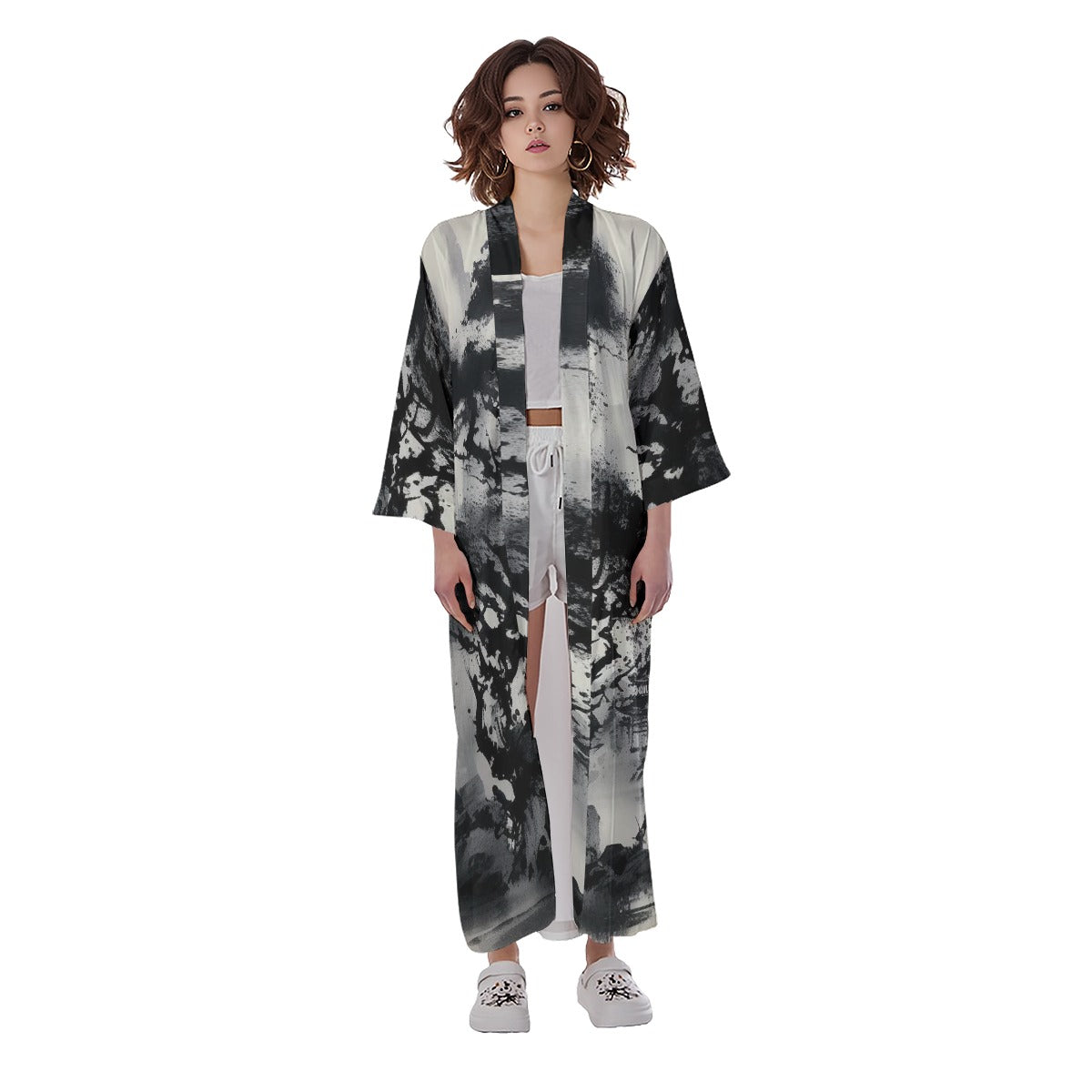 Women's Long Satin Kimono Robe, B-W Japanese Art-Inspired Watercolor, Trees Pagoda