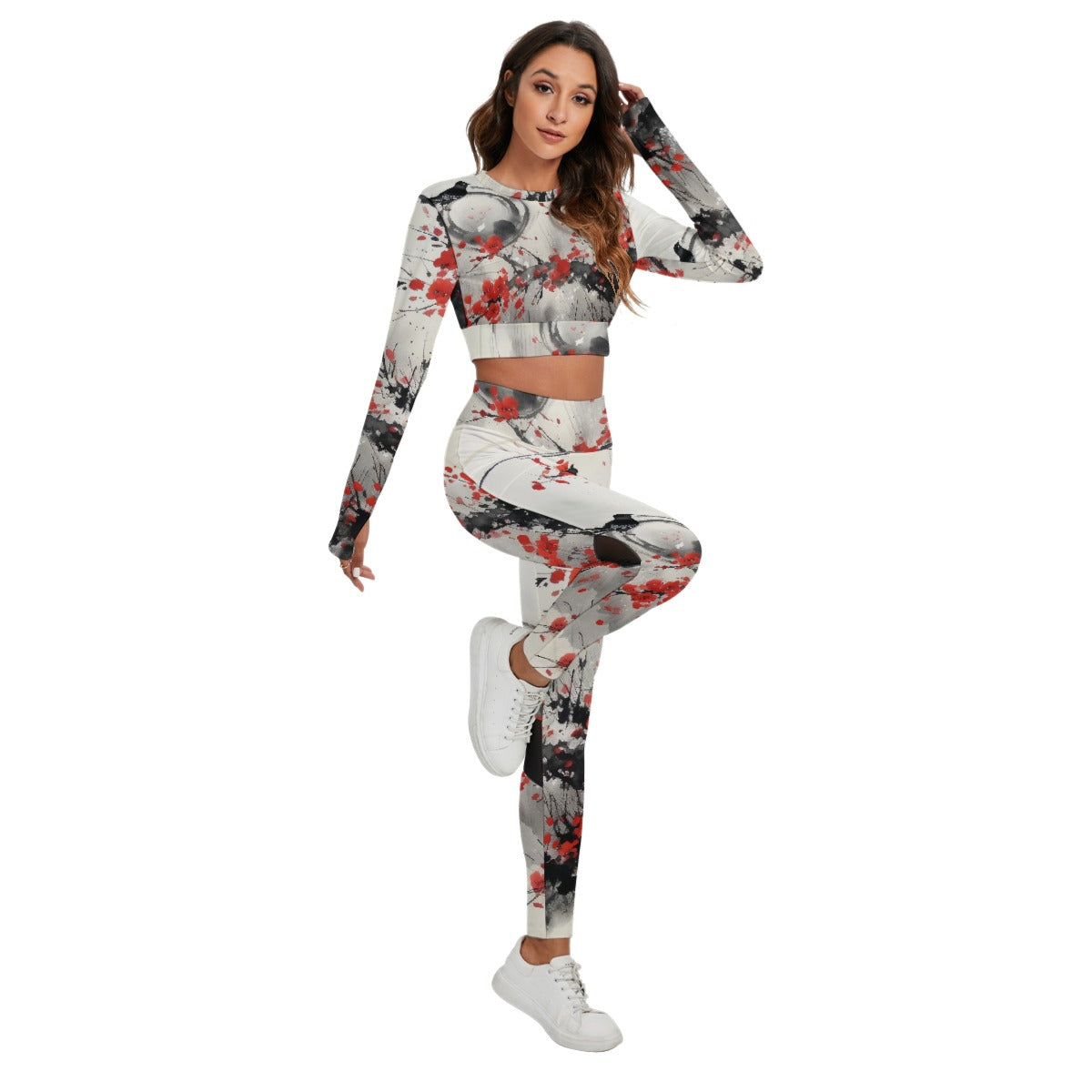 Women's Sport Set With Backless Top And Leggings, Asian Watercolor - Red Accent