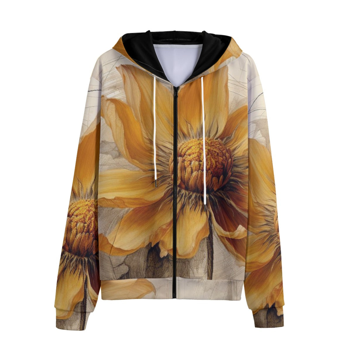 Eco-Friendly Unisex Zip Up Hoodie, Beautiful Yellow Open Petaled Flower