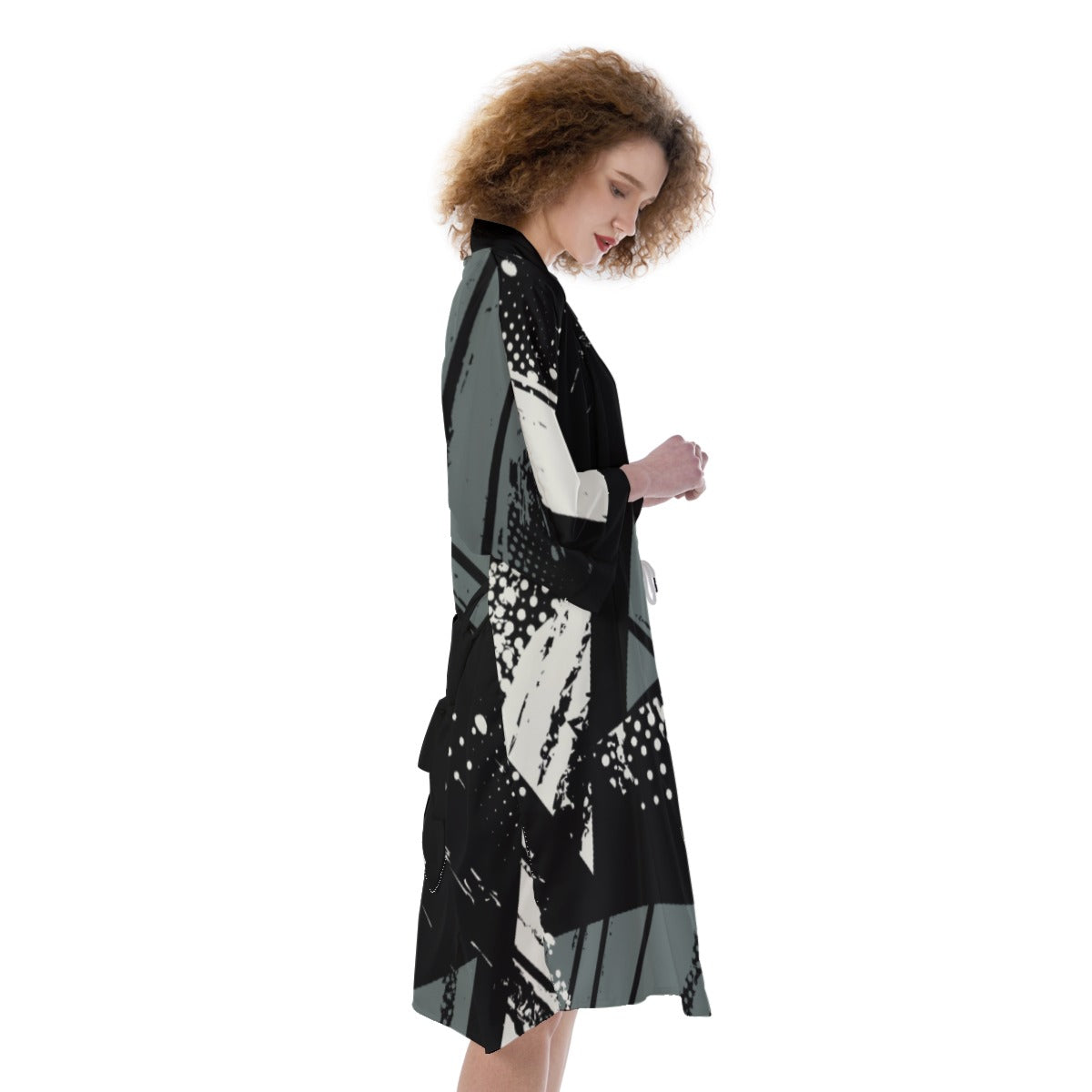 Women's Satin Kimono Robe, Blk -Grey Graffiti