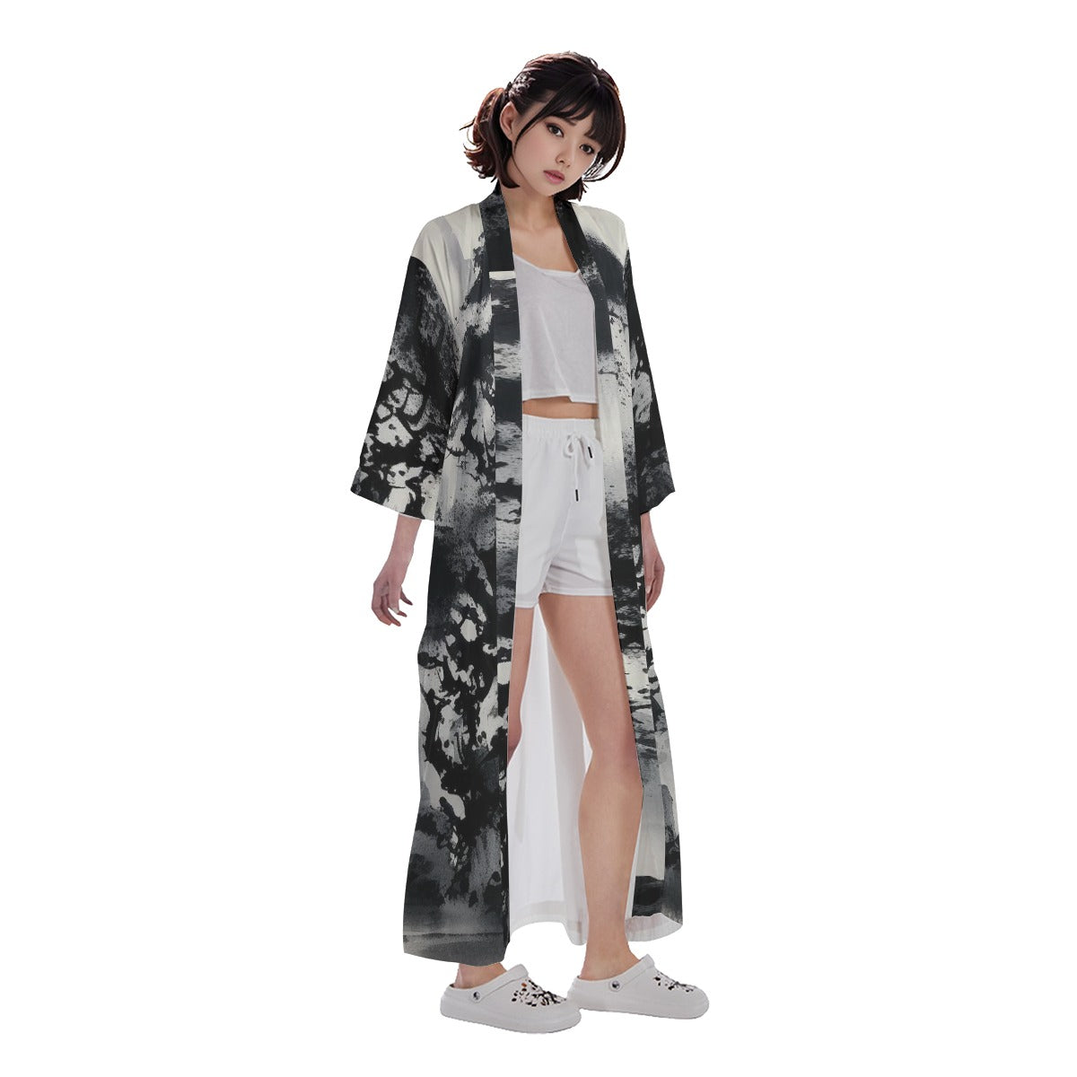 Women's Long Satin Kimono Robe, B-W Japanese Art-Inspired Watercolor, Trees Pagoda