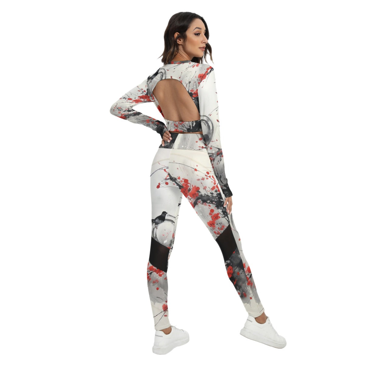 Women's Sport Set With Backless Top And Leggings, Asian Watercolor - Red Accent