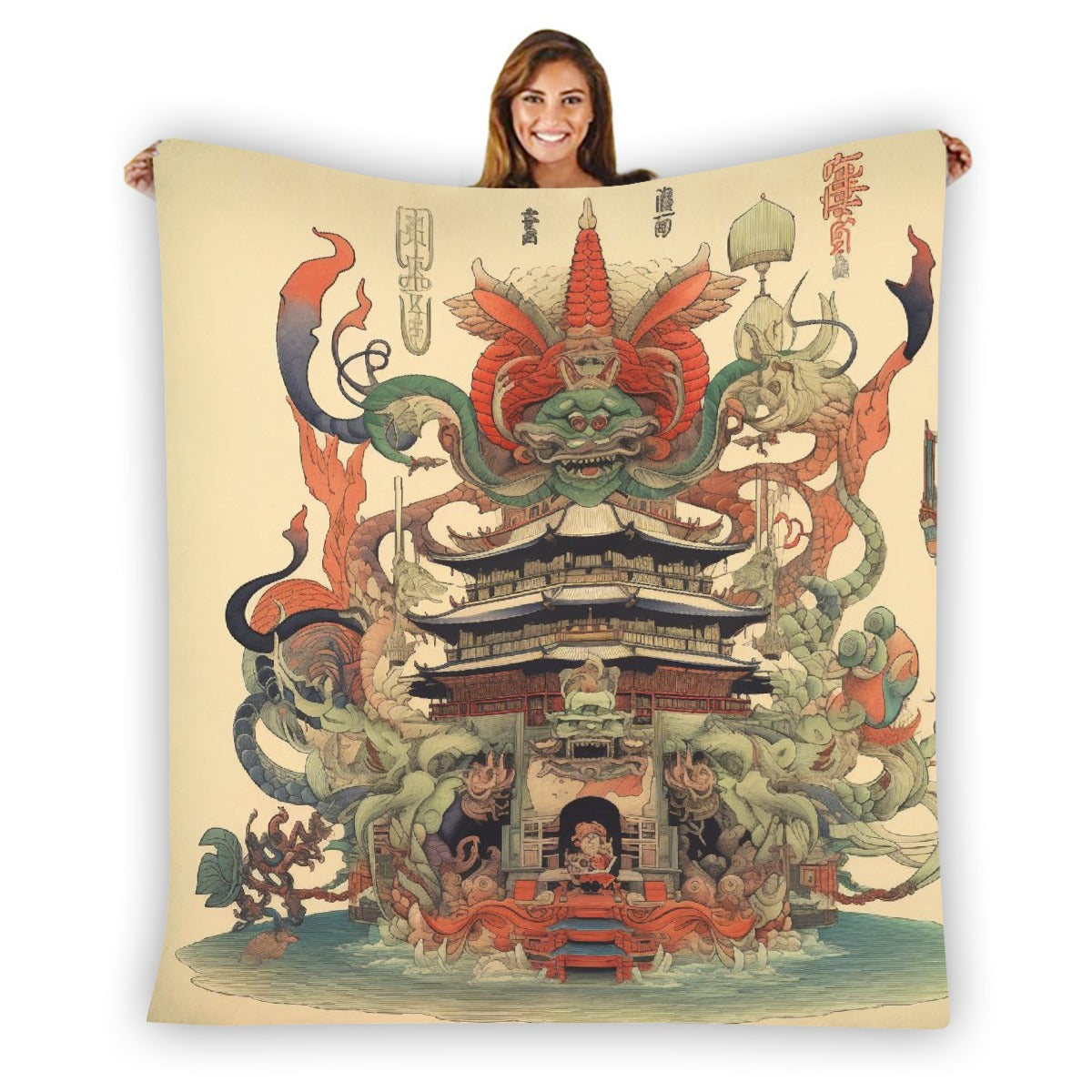 Flannel Blanket, Single-Sided Print, Pagoda 01