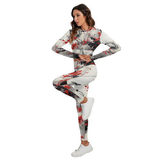 Women's Sport Set With Backless Top And Leggings, Asian Watercolor - Red Accent