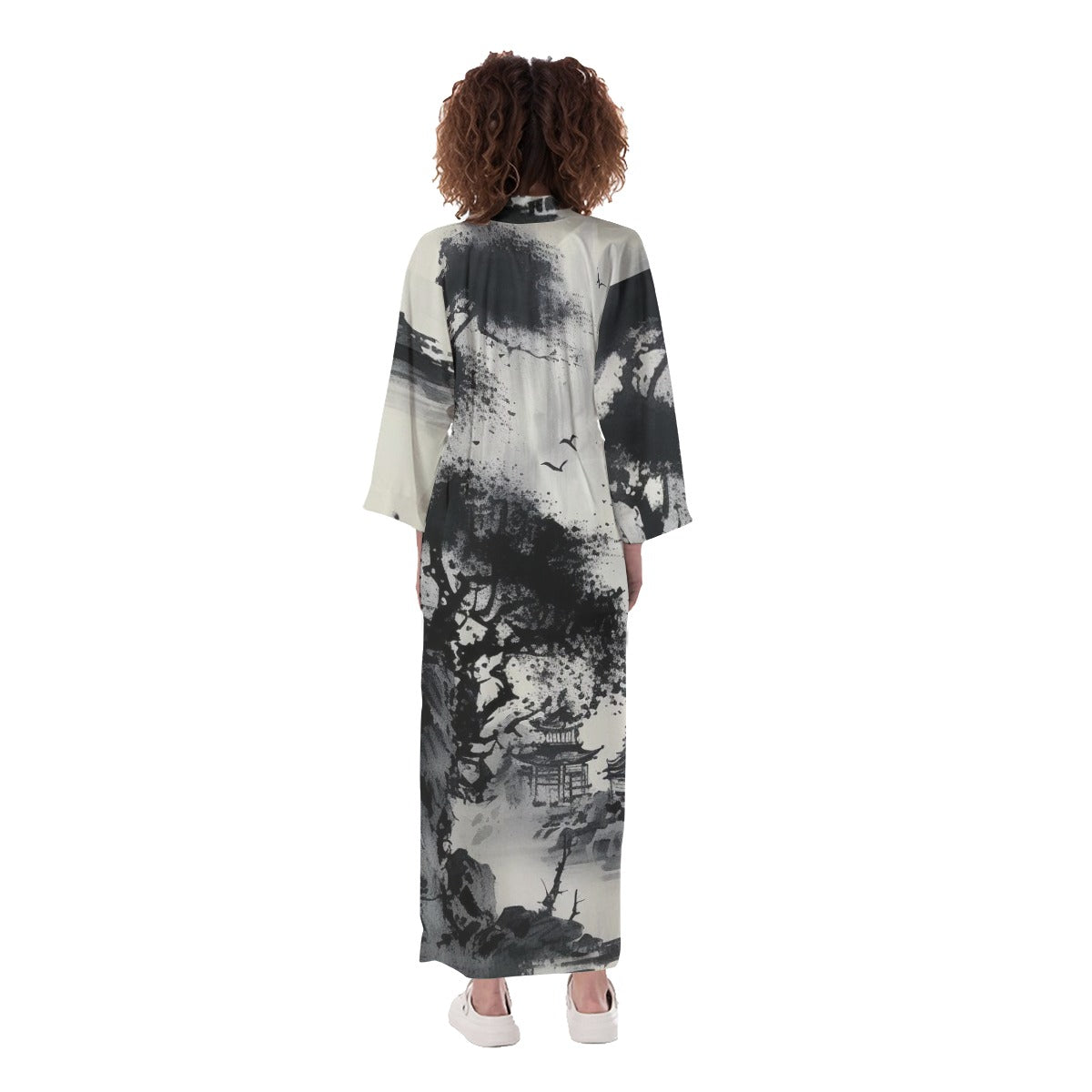 Women's Long Satin Kimono Robe, B-W Trees Pagoda 02