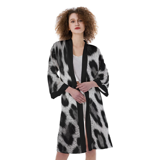 Women's Satin Kimono Robe, Blk - Grey Pseudo Leopard