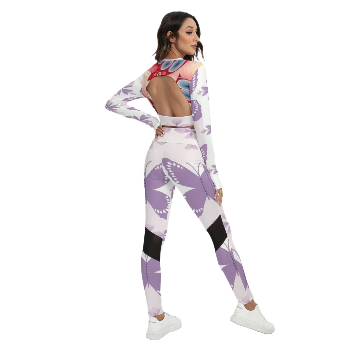 Women's Sport Set With Backless Top And Leggings, Lilac Butterfly 01