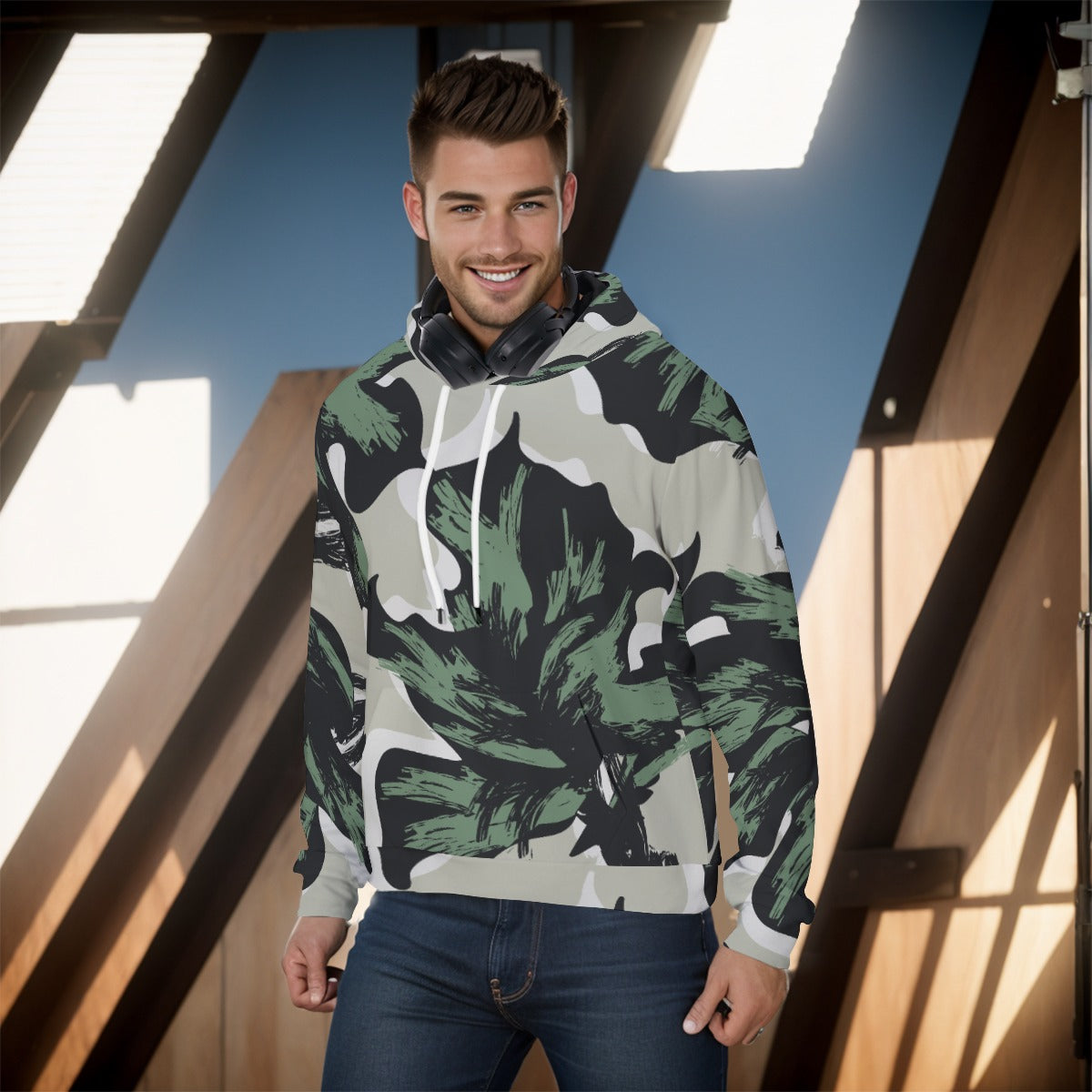 Men's Pullover Hoodie, Green Leafodendron