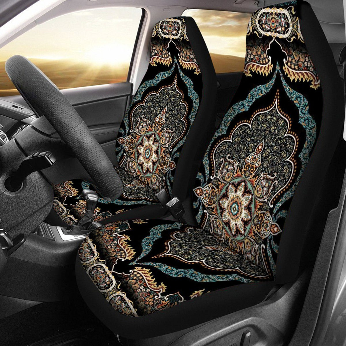 Universal Car Seat Cover With Thickened Back, Dark Rococo Blk - Gold 01