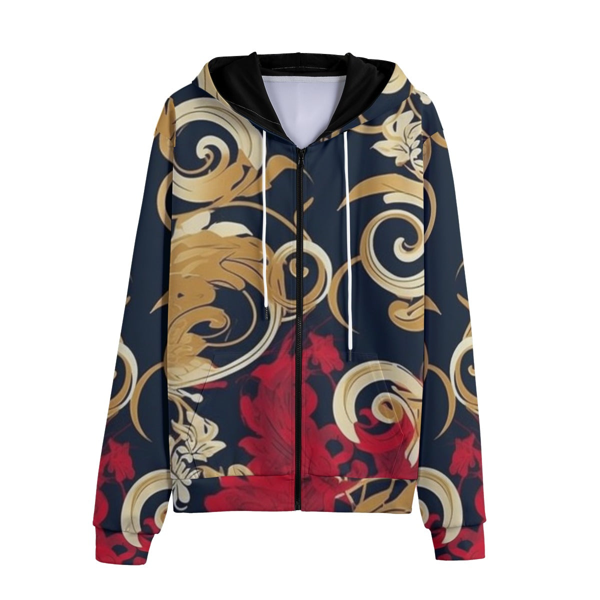 Eco-Friendly Unisex Zip Up Hoodie, Baroque/Rococo Gold Red Blk.