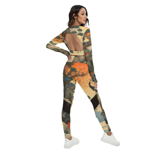 Women's Sport Set With Backless Top And Leggings, Asian Watercolor Sunset 01