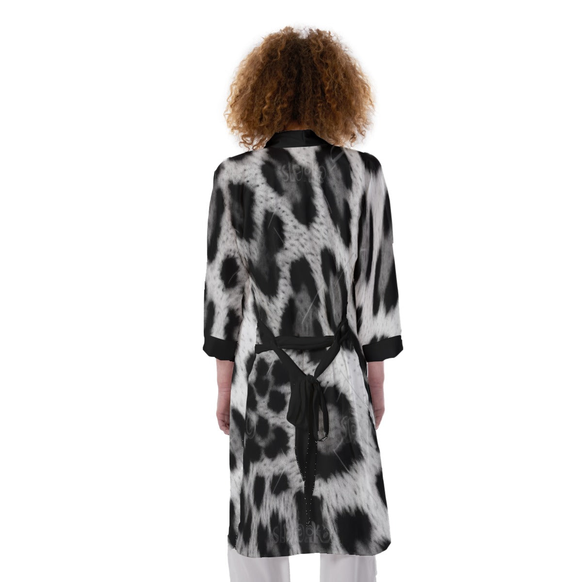 Women's Satin Kimono Robe, Blk - Grey Pseudo Leopard