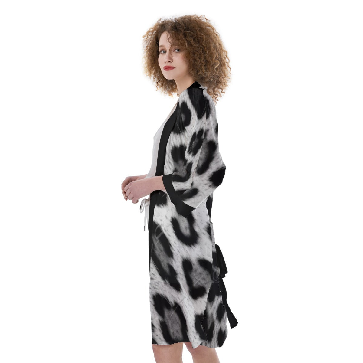 Women's Satin Kimono Robe, Blk - Grey Pseudo Leopard